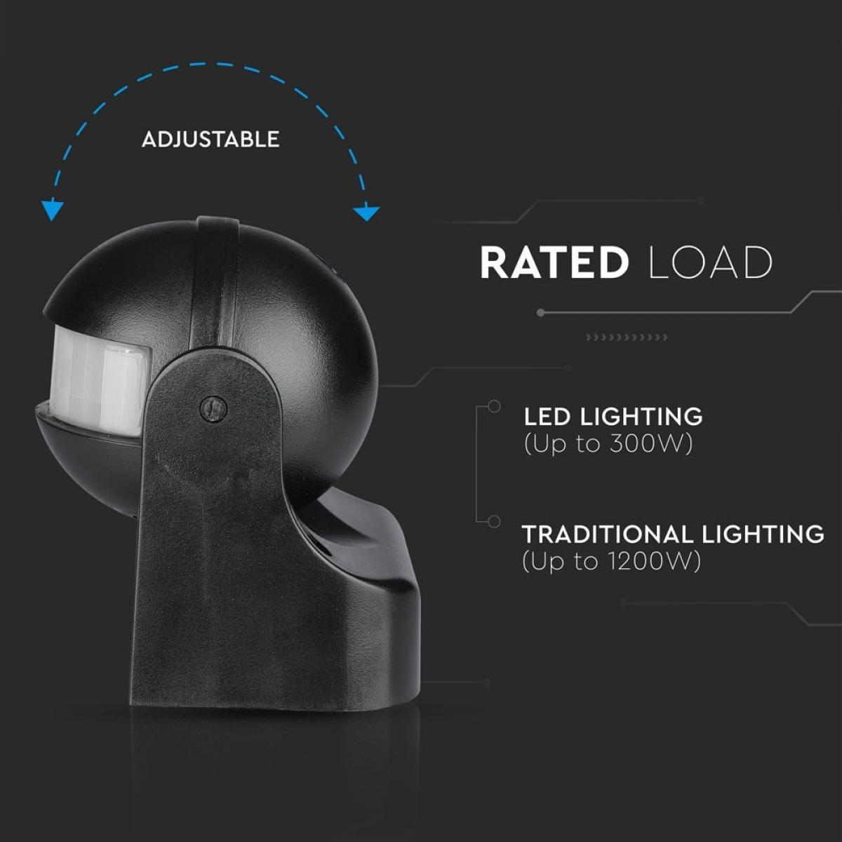 Czarny czujnik ruchu z białą soczewką. Tekst: Regulowany, Obciążenie znamionowe, Oświetlenie LED (do 300W), Oświetlenie tradycyjne (do 1200W).