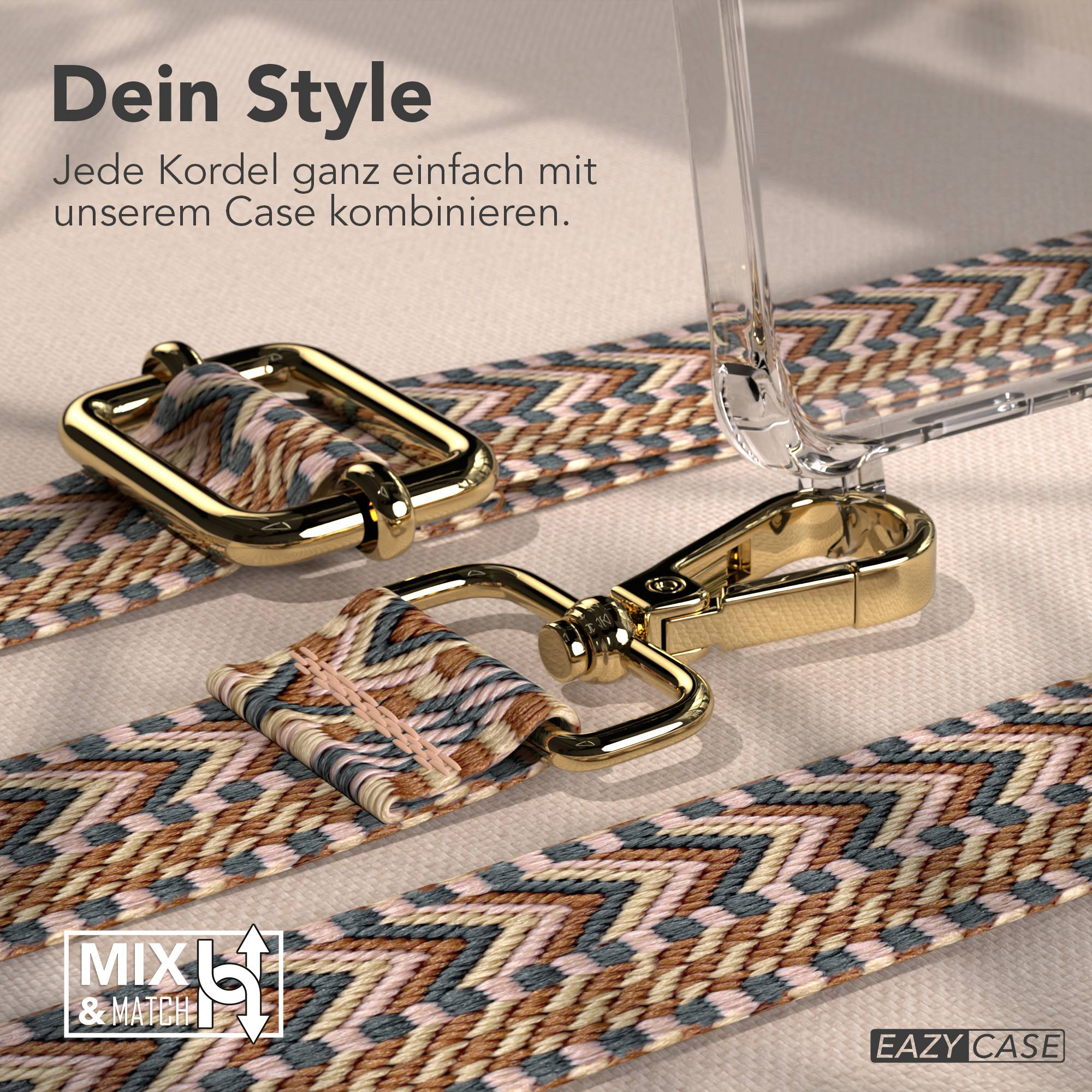 Nahaufnahme eines Handyhüllenriemens mit goldener Hardware und einem gemusterten Riemen in neutralen Tönen.