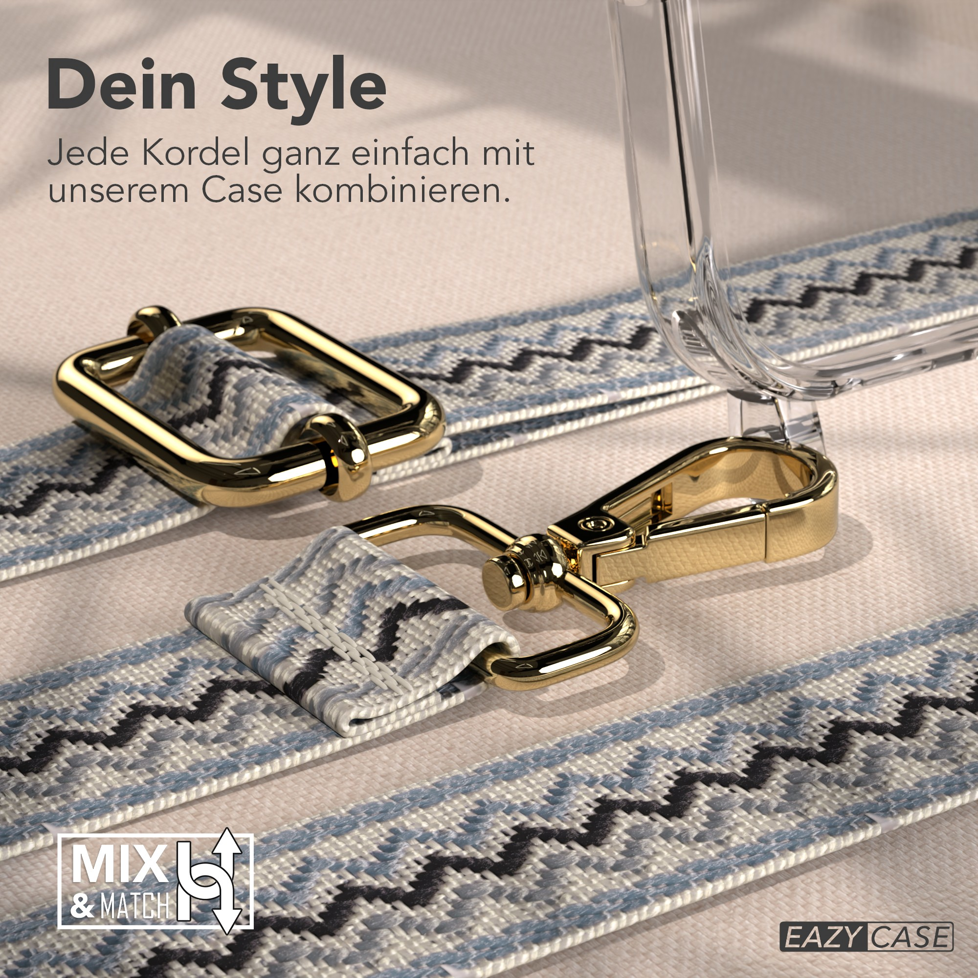 Das Bild zeigt Komponenten einer Handyhülle mit einem Riemen. Goldene Hardware. Text: Dein Style. Mix & Match.