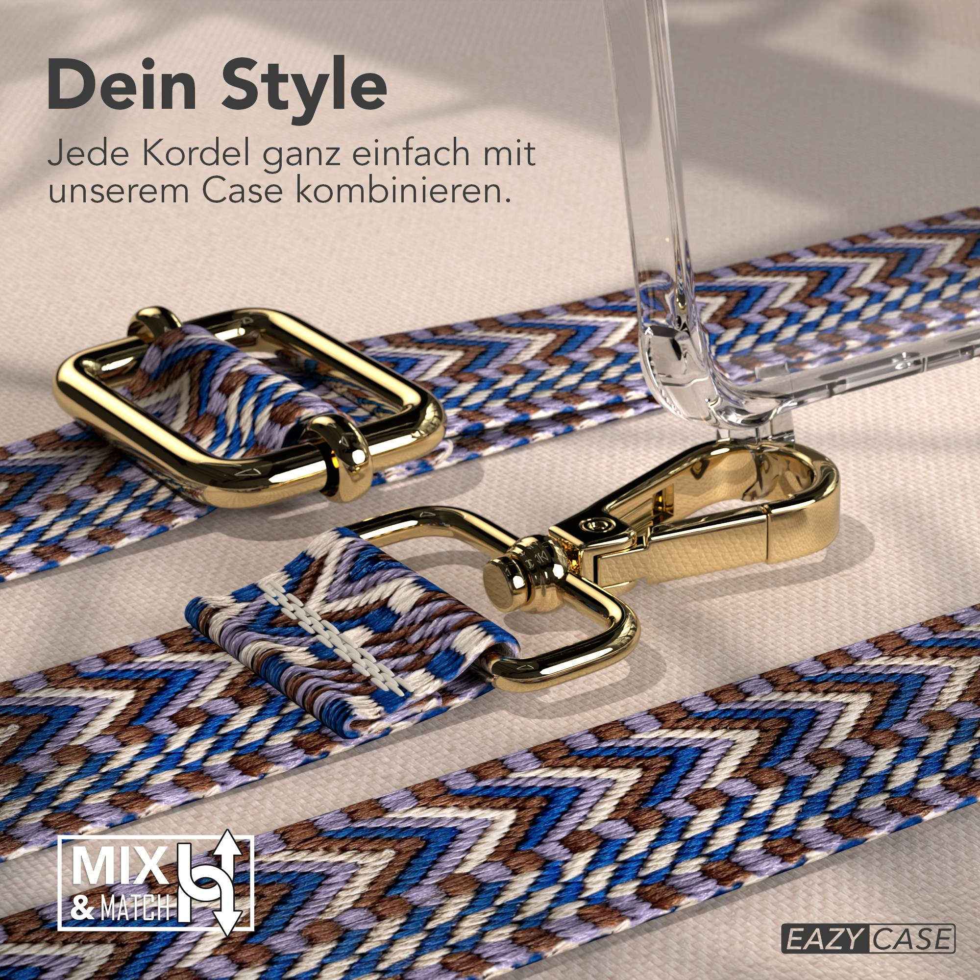 Nahaufnahme eines Handyhüllenriemens mit goldfarbener Hardware. Der Riemen ist in Blau, Weiß und Braun gemustert. Text auf Deutsch ist sichtbar.