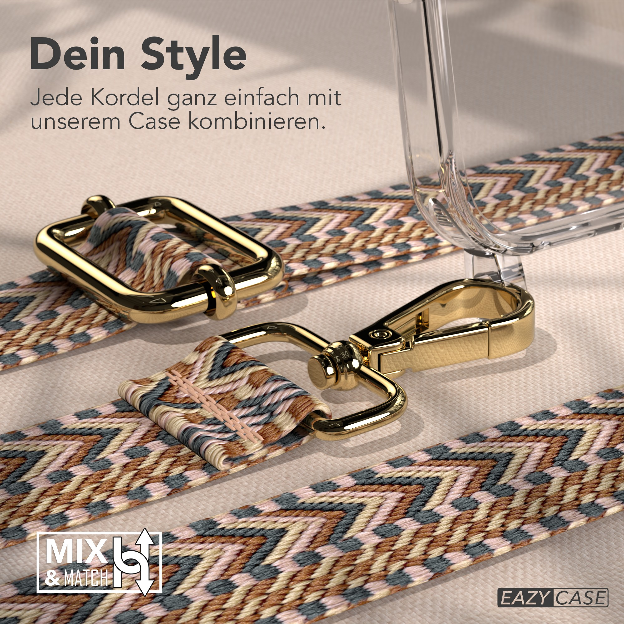 Nahaufnahme eines Telefonriemens mit goldener Hardware und gemustertem Riemen. Text auf Deutsch ist ebenfalls sichtbar.