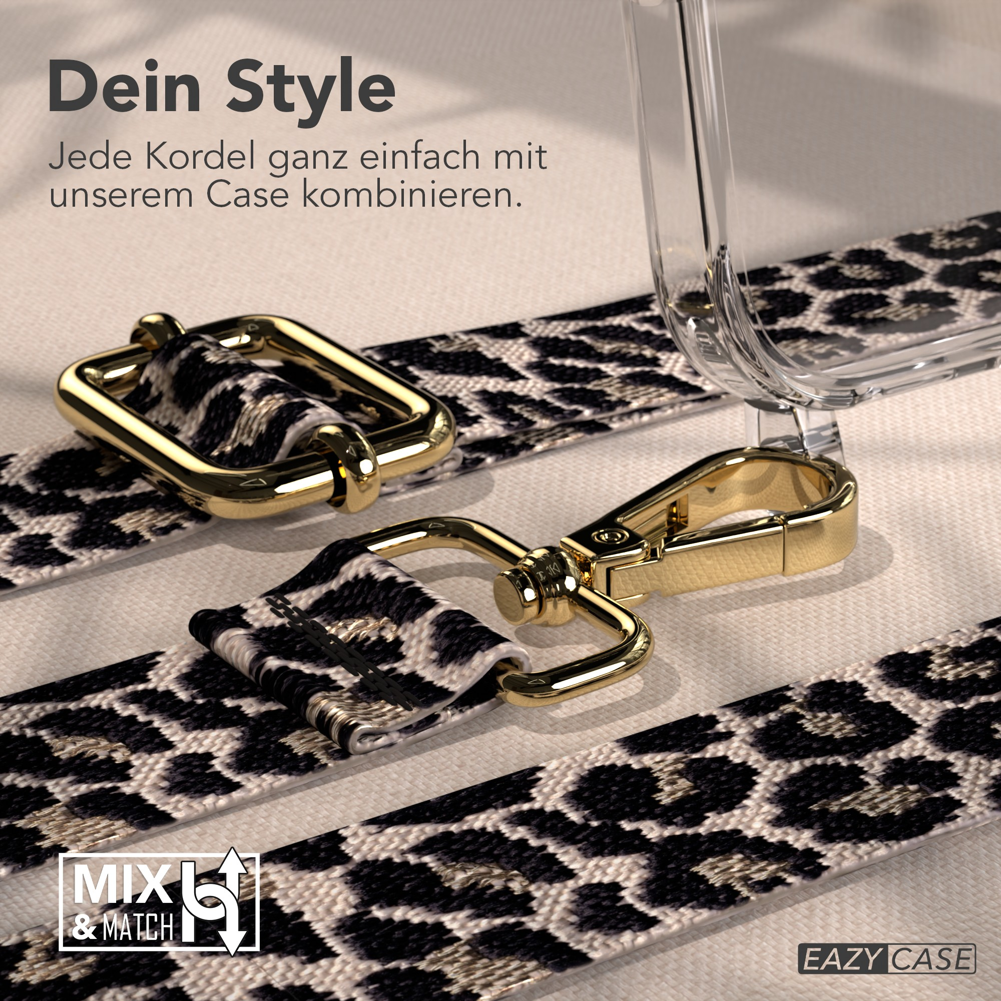 Gurt mit Leopardenmuster und goldener Hardware. Transparente Handyhülle auf cremefarbenem Untergrund. Text: Dein Style.
