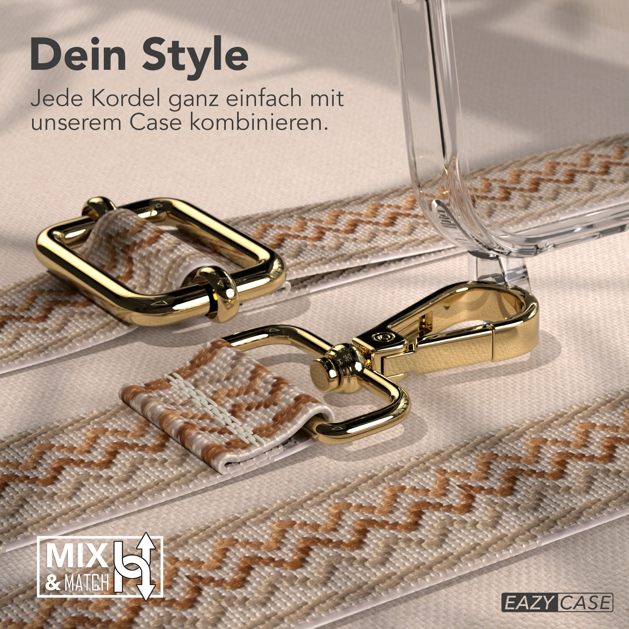 Nahaufnahme zeigt goldene Beschläge an Gurten, eine transparente Handyhülle und Text mit 'Dein Style' und 'MIX & MATCH'.