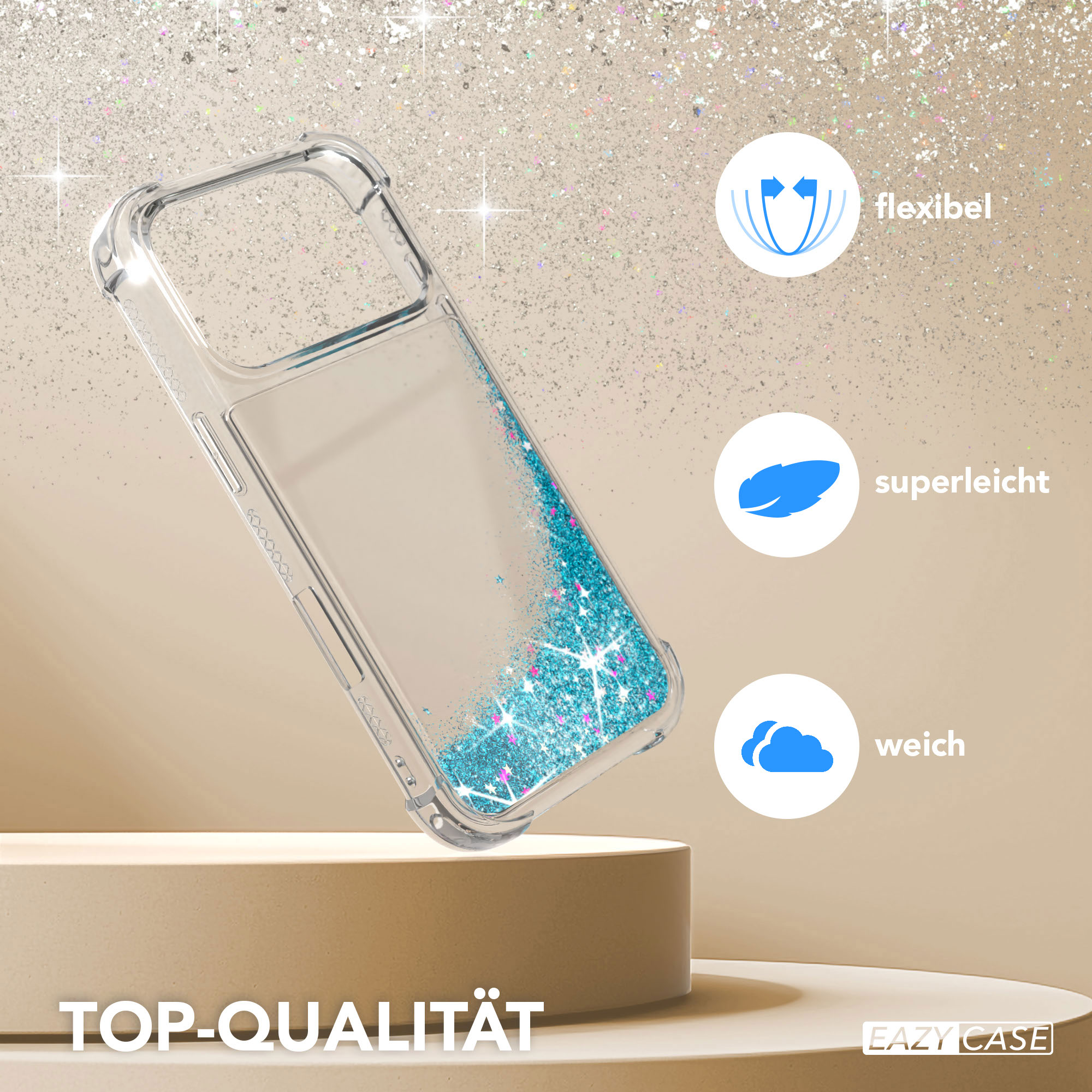 Transparente Handyhülle mit blauem Glitzer auf einem Ständer. Eigenschaften: flexibel, superleicht, weich. Hintergrund glitzernd.