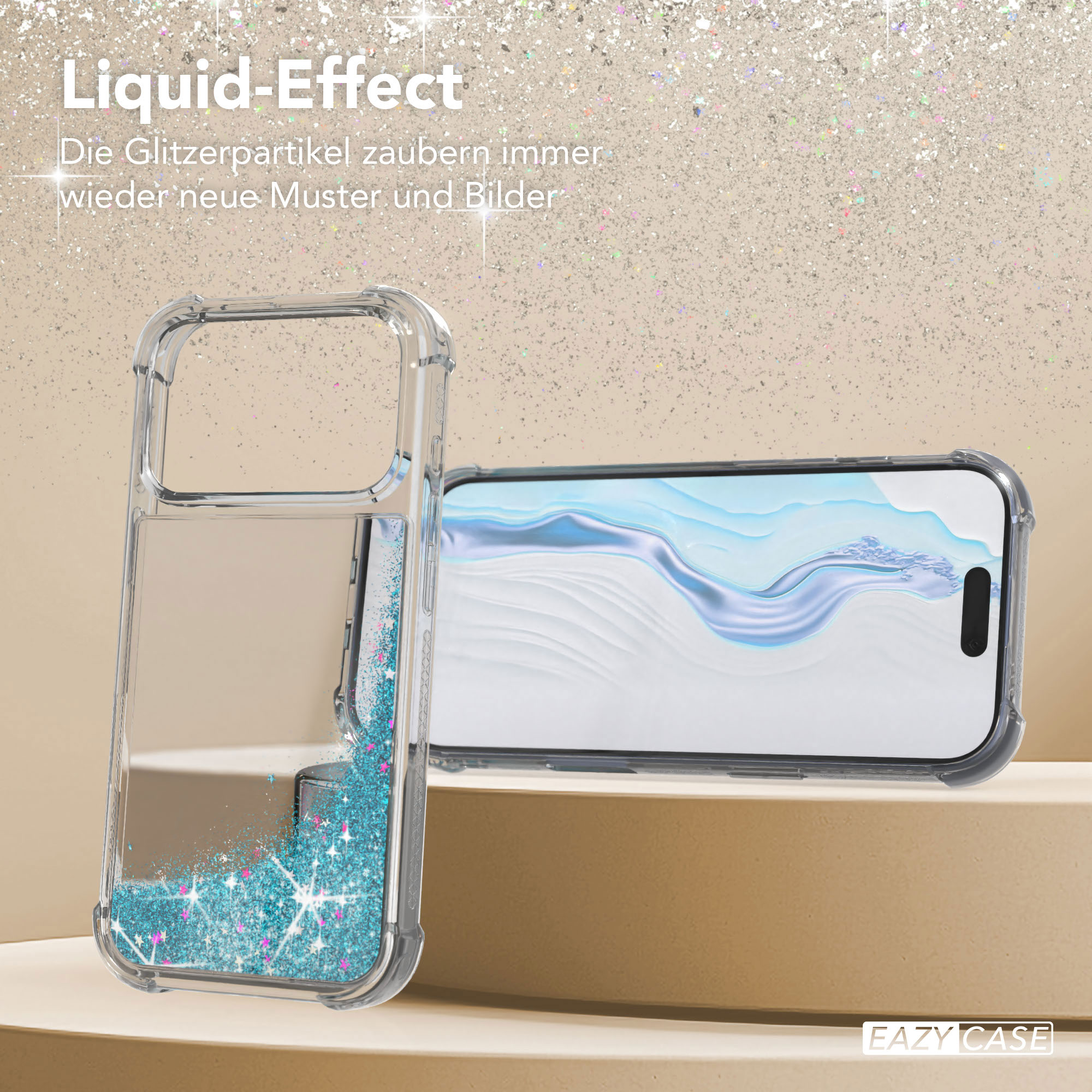 Transparente Handyhülle mit blauem Glitzer und einem Telefon. Der Hintergrund ist goldglänzend. Die Marke ist Eazy Case.
