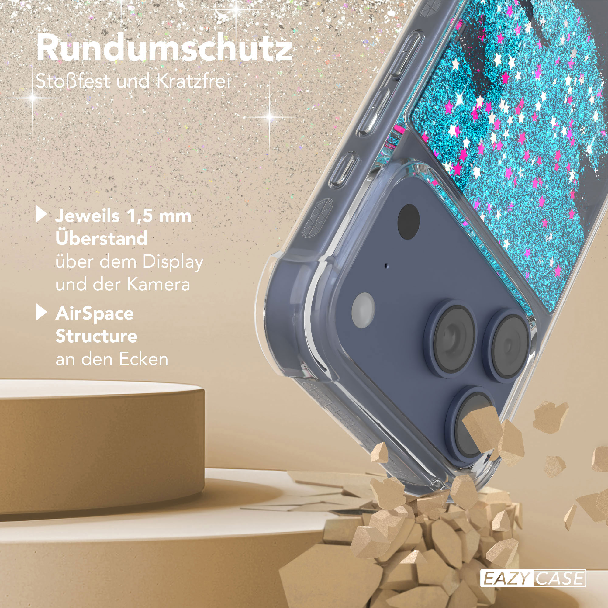 Eine Handyhülle mit blauem Glitzerdesign und rosa Sternen. Die Hülle liegt auf einer beigen Oberfläche mit einem weißen und beigen Ständer.