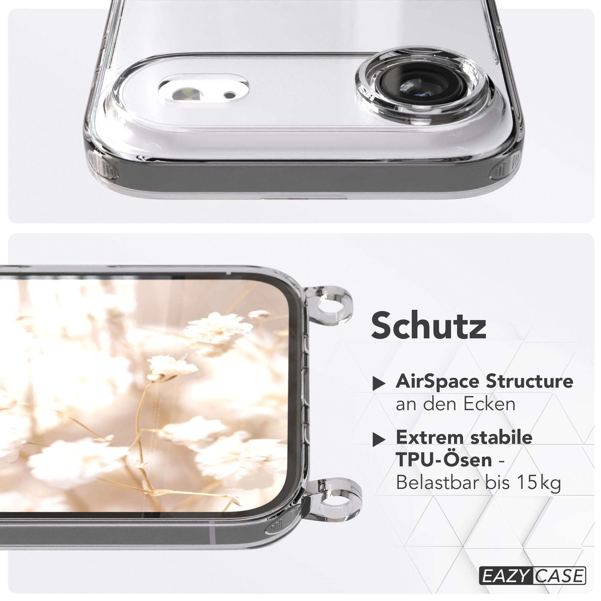 Eine transparente Handyhülle mit Schutzdesign. Text zeigt Eigenschaften wie AirSpace Structure und TPU-Ösen.