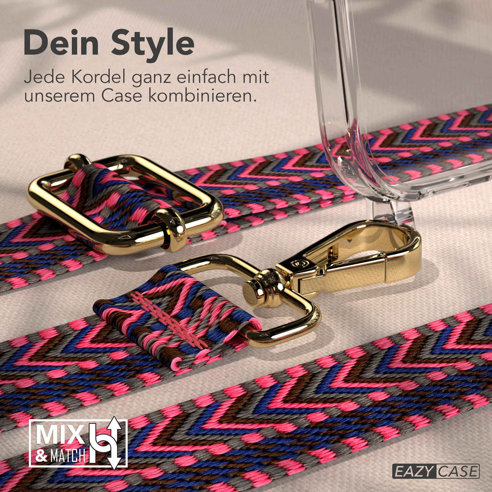 Nahaufnahme einer Handyhülle mit buntem Gurt. Goldene Hardware. Der Gurt hat rosa, blaue, braune und graue Muster.