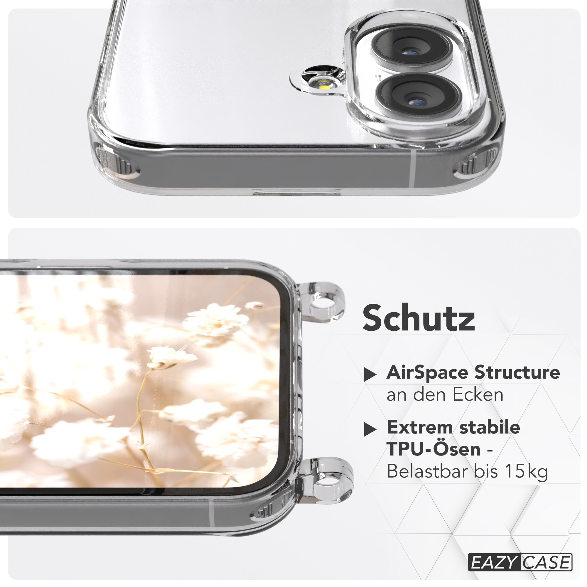 Transparente Handyhülle. Oben sind Kameralinsen zu sehen. Unten die Hülle mit Blumen im Hintergrund. Text: Schutz, AirSpace, Extrem stabile.