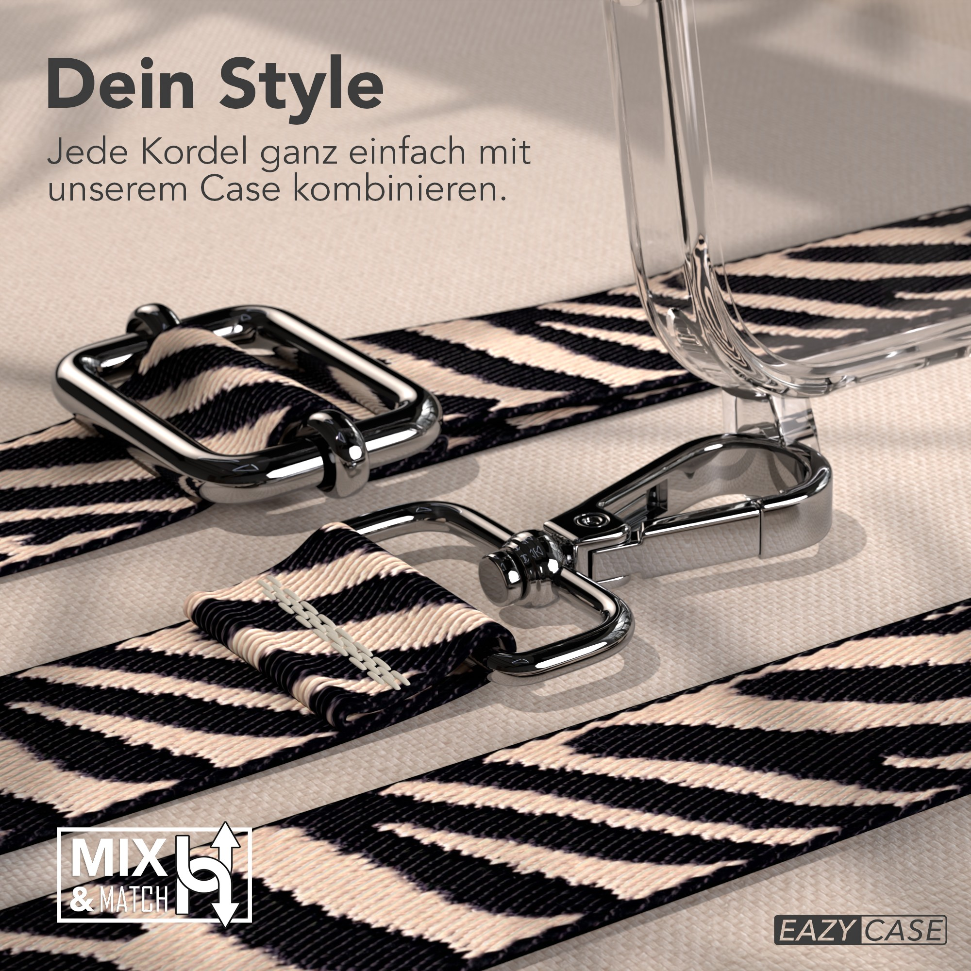 Handyband mit Zebra-Streifen, silberner Hardware, klarer Handyhülle und Text, der 'Mix and Match' sagt.