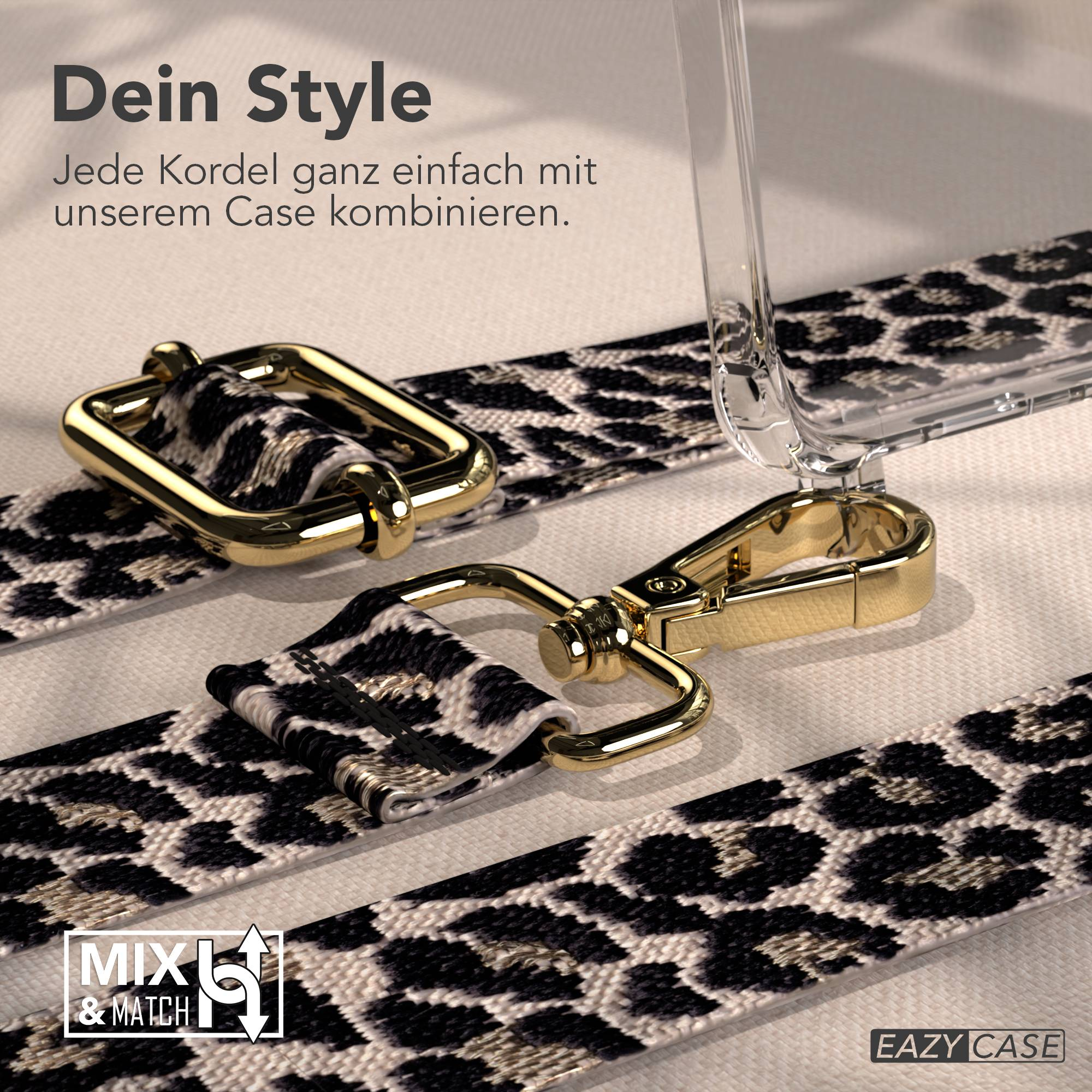 Ein Telefoncase mit Leopardenmuster-Gurt und goldenen Verschlüssen. Der Text "Dein Style" steht oben.