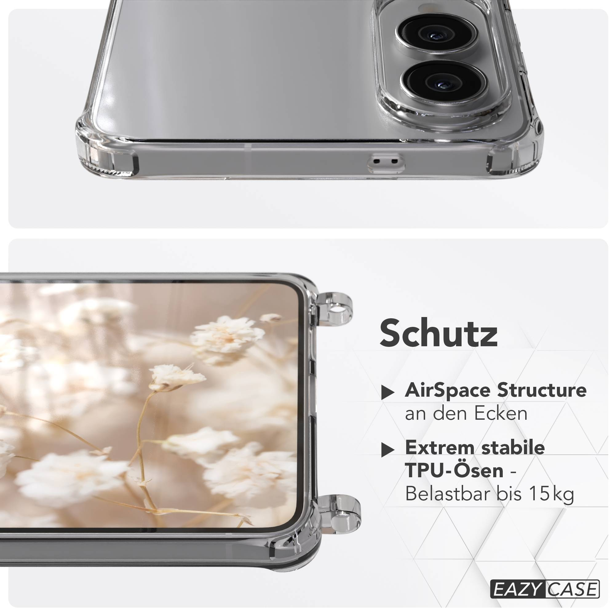 Eine transparente Handyhülle mit floralem Hintergrund. Der Text lautet 'Schutz' und hebt Funktionen wie AirSpace Structure und TPU-Ösen hervor.