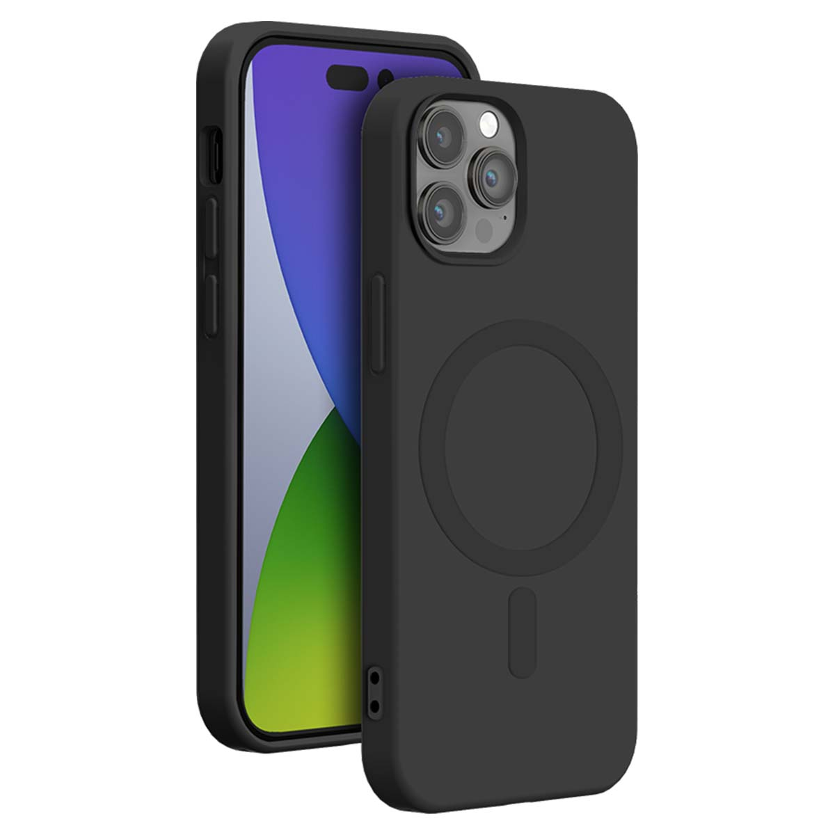 Telefono nero con custodia, schermo con sfumatura verde e viola. La custodia ha un design circolare e una striscia verticale.