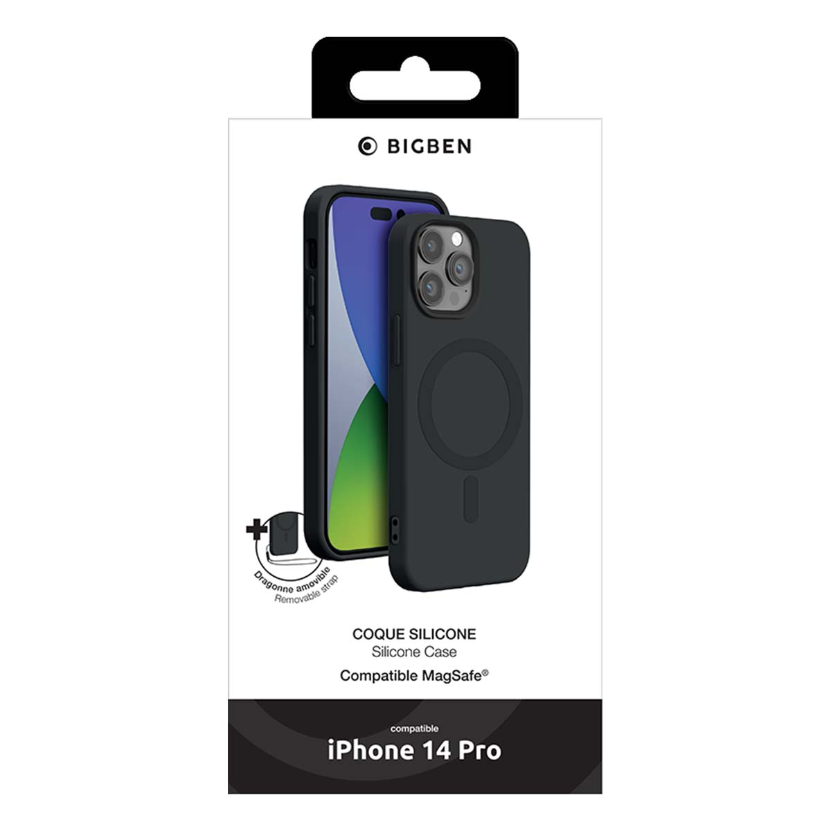 Custodia nera per iPhone 14 Pro in una scatola bianca. La scatola ha il logo e il testo Bigben. La custodia è in silicone e compatibile con MagSafe.
