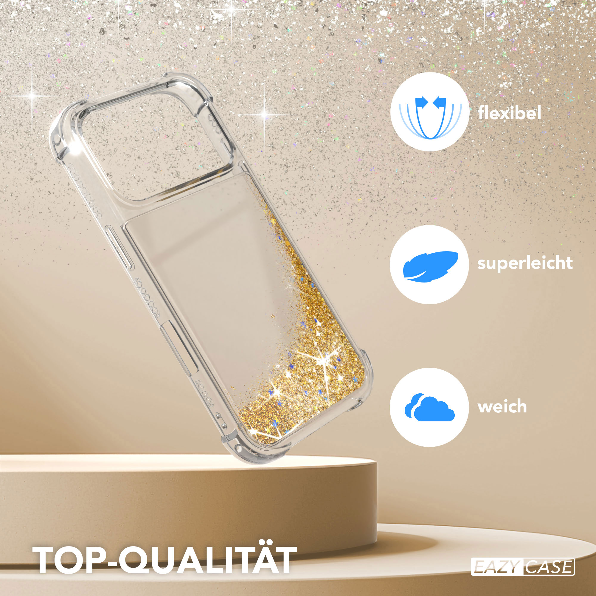 Transparente Handyhülle mit goldenem Glitzer auf einem Podest. Sie hat Icons für flexible, leichte und weiche Eigenschaften. Hintergrund glitzert.