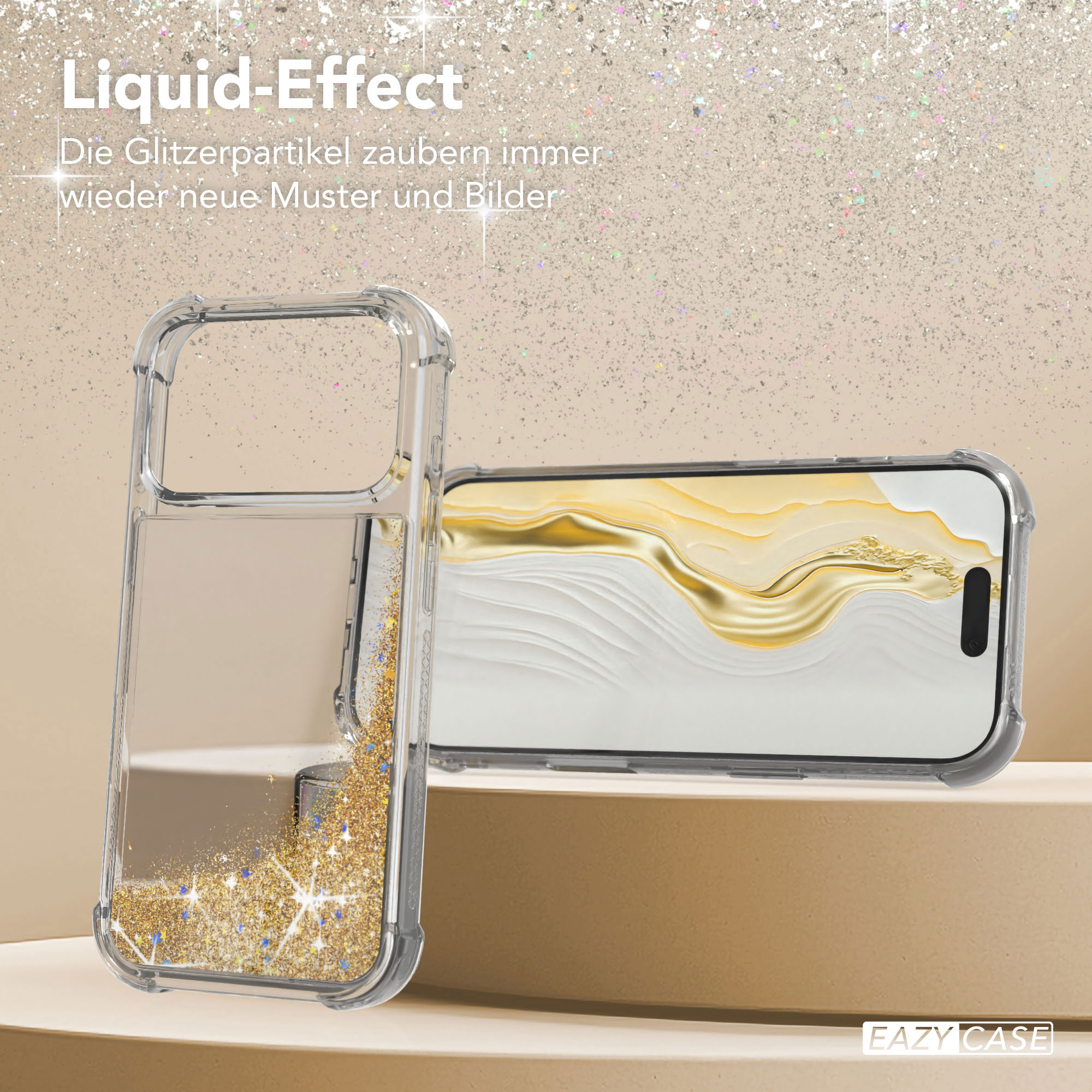 Eine Handyhülle mit Flüssigkeits-Glitzereffekt. Ein Telefon befindet sich in der Hülle. Der Hintergrund ist glitzernd.