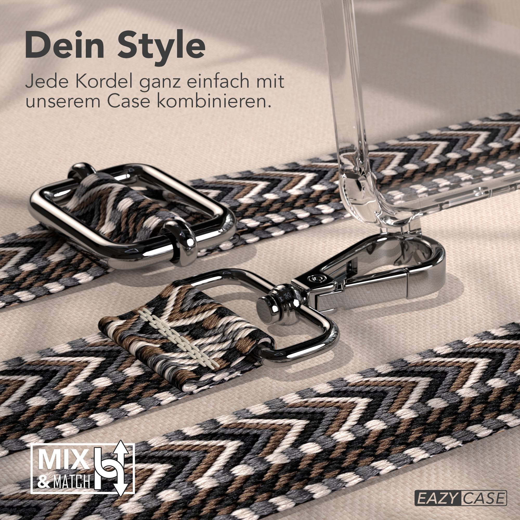 Das Bild zeigt einen Telefonriemen, eine transparente Handyhülle und ein Logo mit den Worten 'MIX & MATCH' und 'EAZY CASE'.