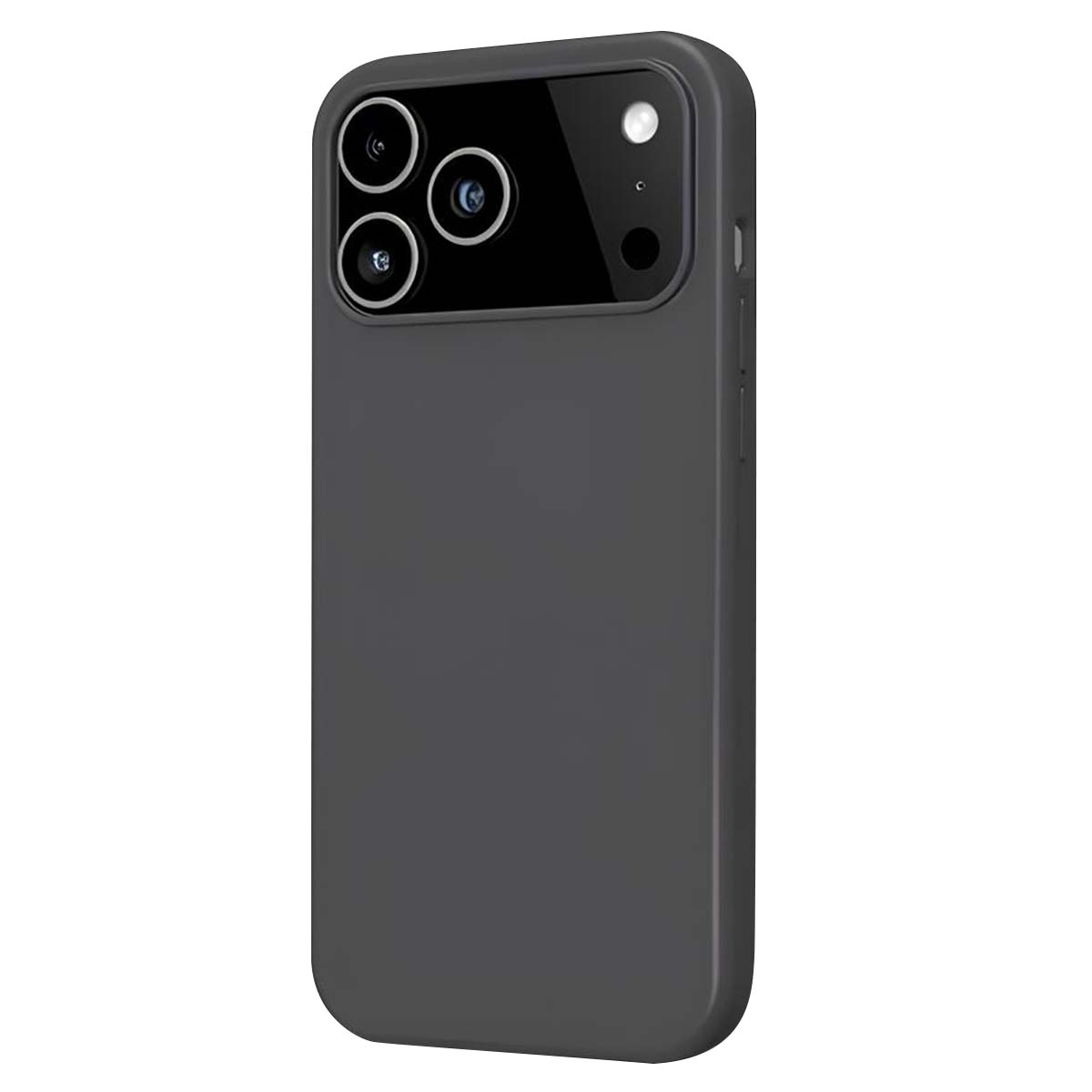 Una custodia per telefono grigio scuro, con un modulo fotocamera. Il modulo ha tre lenti e un flash. La custodia è liscia e arrotondata.