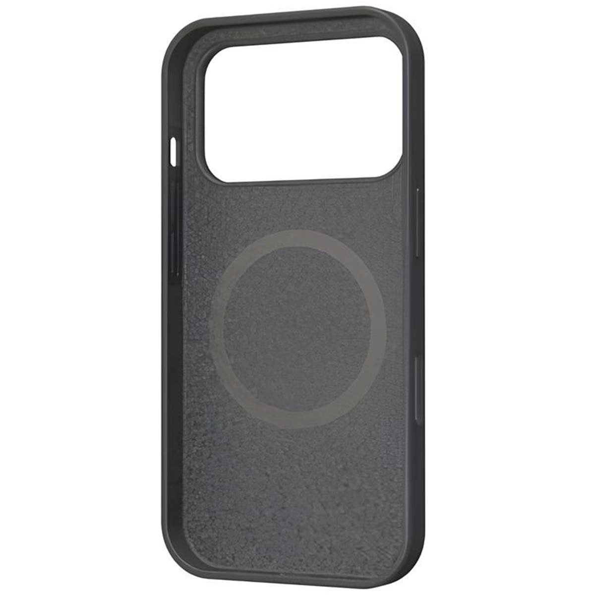 Una custodia per telefono grigio scuro, con un ritaglio per la fotocamera e un design circolare sul retro.