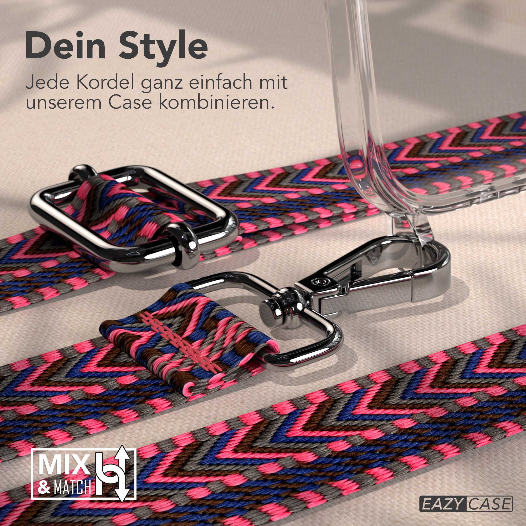 Das Bild zeigt einen Handyhüllenriemen mit rosa, grauen, blauen und braunen Mustern. Es gibt Metallverschlüsse und eine klare Hülle.