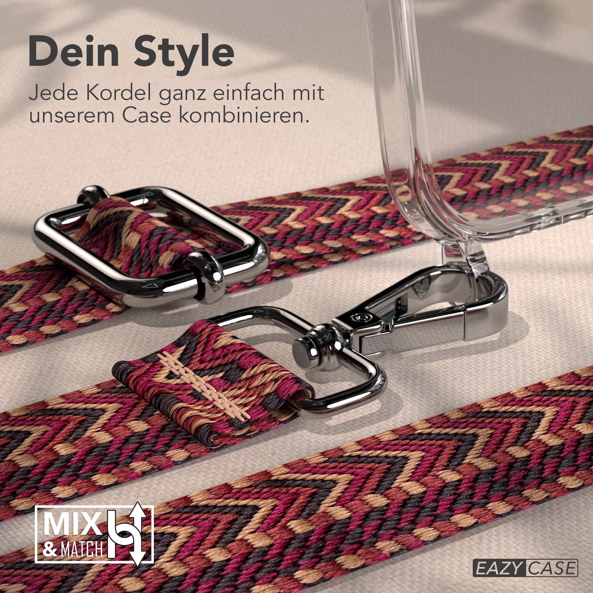 Nahaufnahme eines Riemens mit dekorativem Muster, Metallverschlüssen und einer Handyhülle. Text: Dein Style.