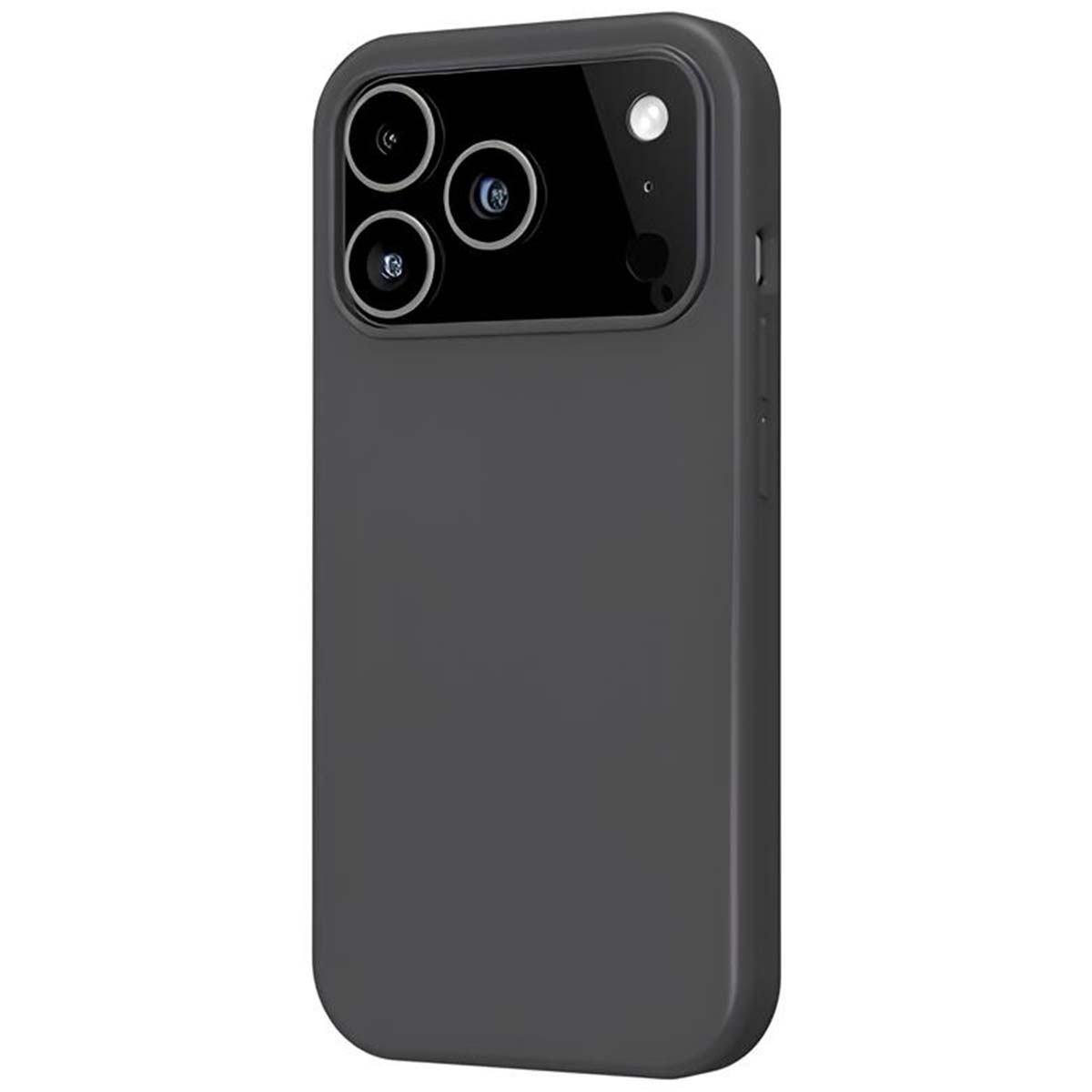 Una custodia per telefono grigio scuro, con un modulo fotocamera a tre obiettivi e un flash. La custodia ha angoli arrotondati e pulsanti laterali.
