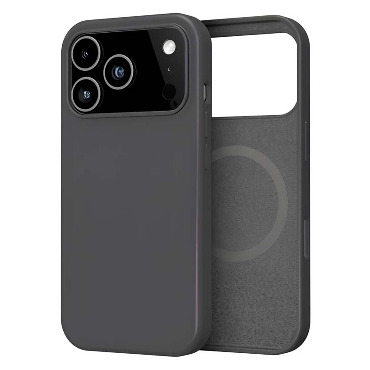 Una custodia per telefono grigio scuro, aperta per rivelare l'interno. La sezione della fotocamera è visibile. La custodia è su sfondo bianco.