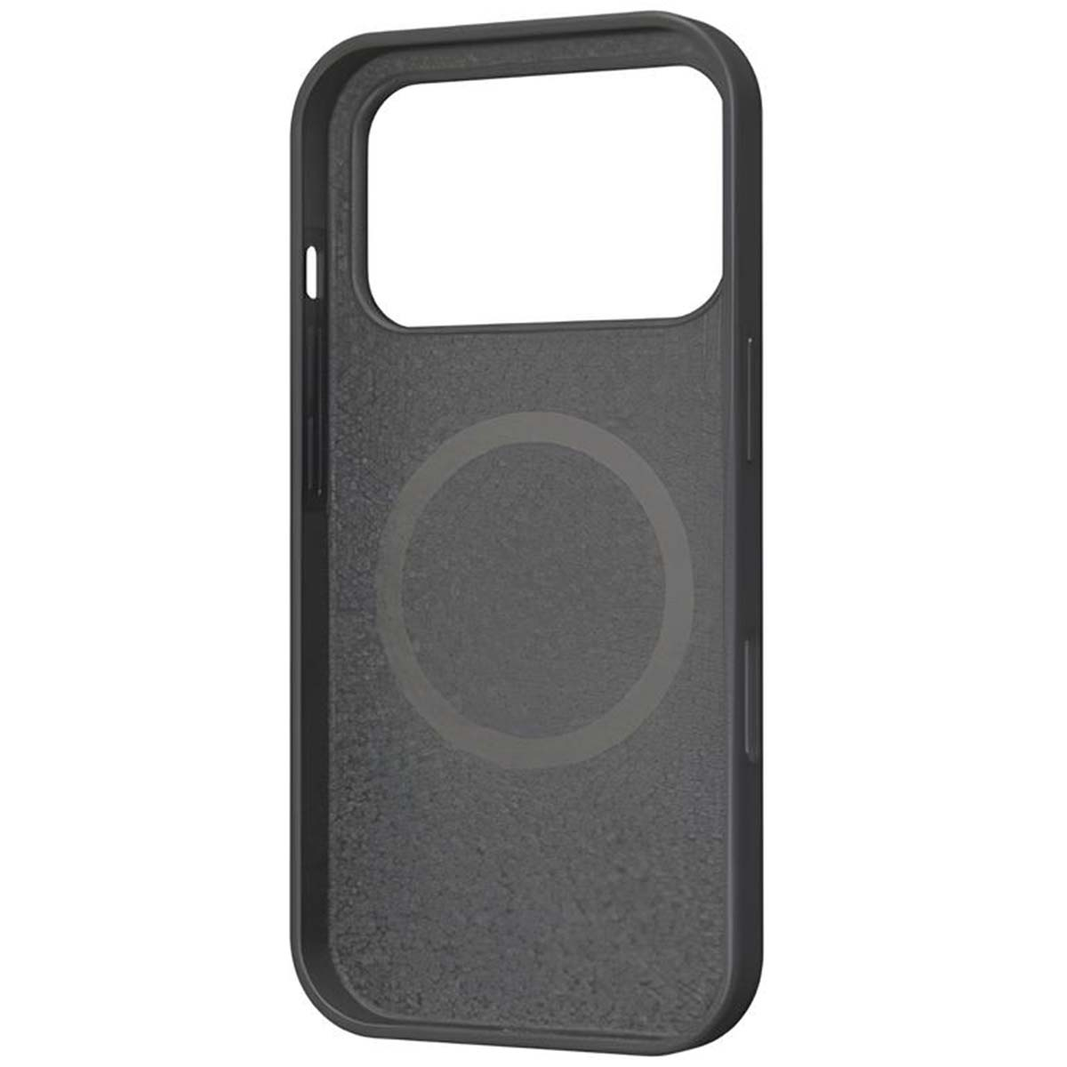 Una custodia per telefono grigio scuro, con un ritaglio per la fotocamera e un design circolare sul retro. La custodia ha una superficie strutturata.