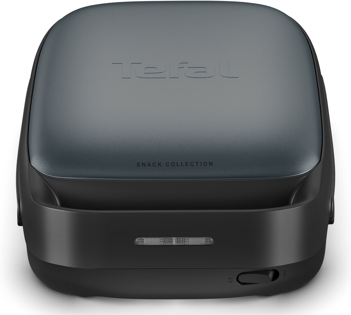 Ciemnoszara maszyna Tefal Snack Collection. Pokrywa z nazwą marki i 'Snack Collection'. Posiada uchwyt i włącznik/wyłącznik.