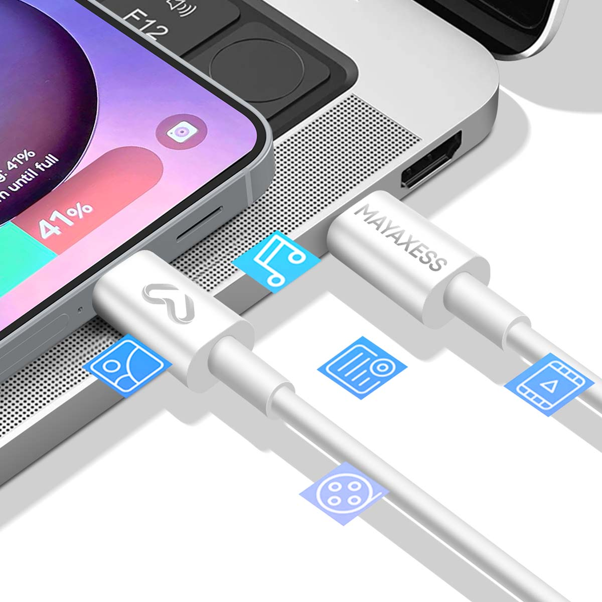 Un téléphone se charge avec un câble blanc, connecté à un ordinateur portable. L'écran du téléphone affiche 41% de batterie. Des icônes bleues sont dispersées.