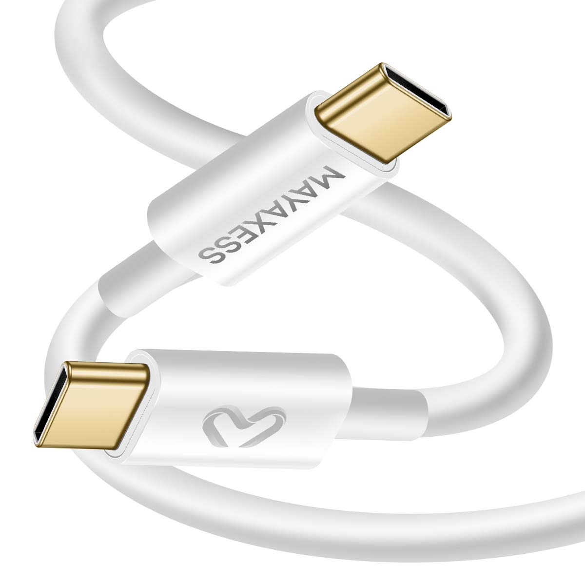 Un cavo USB-C bianco con connettori dorati. Il cavo ha un logo 'MAYAXESS' e una forma di cuore. Lo sfondo è bianco.
