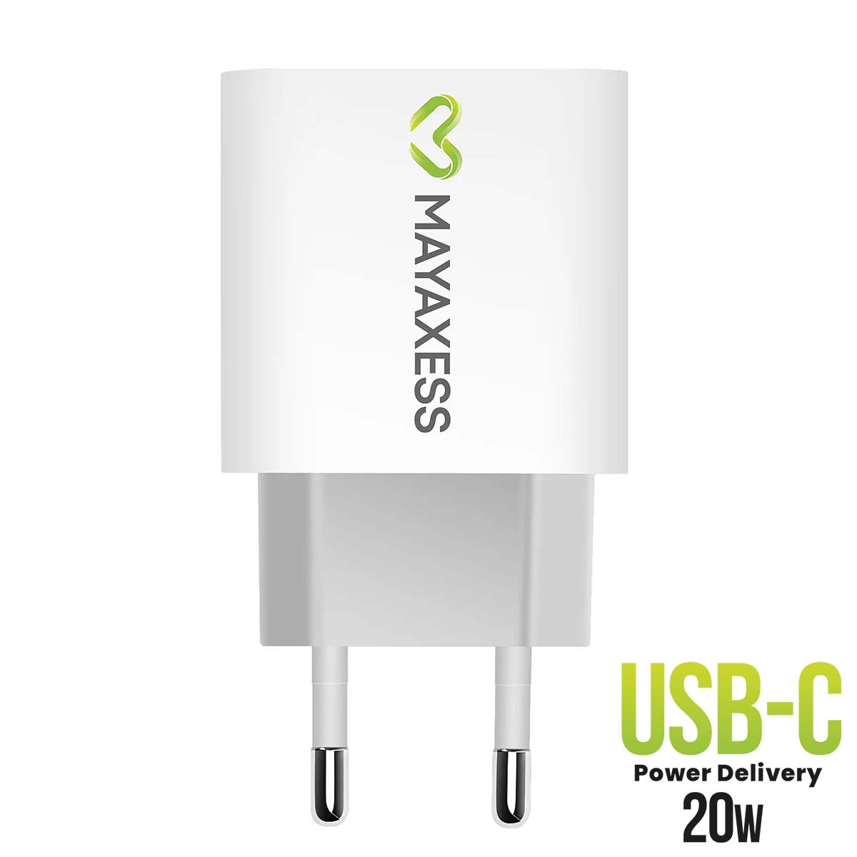 Un adattatore di alimentazione USB-C bianco. Ha il logo MAYAXESS e il testo USB-C Power Delivery 20W.