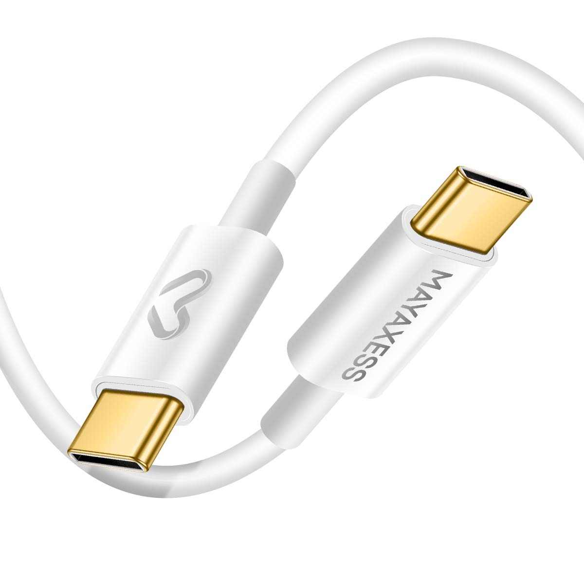 Un cavo USB-C bianco con connettori dorati. Un connettore ha un logo. L'altro ha stampato "MAYAXESS". Il cavo è su sfondo bianco.