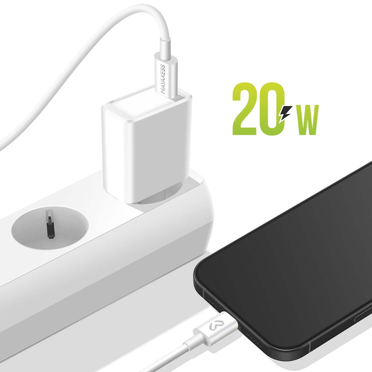 Ein weißes Ladegerät und Kabel sind an eine Steckdose und ein schwarzes Smartphone angeschlossen. Das Ladegerät zeigt 20W an.