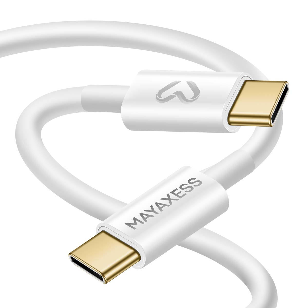 Weißes USB-C-Kabel mit goldenen Steckern. Ein Ende zeigt das MAYAXESS-Logo. Das Kabel ist gebogen.