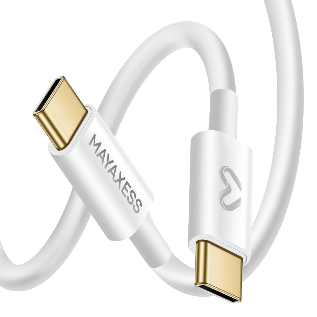 Un câble USB-C blanc avec des connecteurs dorés. Le câble est de MAYAXESS. Le fond est blanc uni.