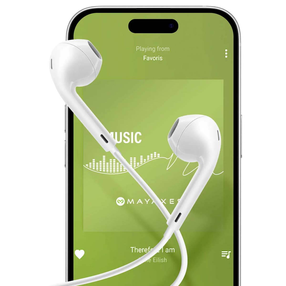 Écouteurs blancs devant un téléphone affichant une application musicale. L'écran est vert, montrant les détails de la chanson.