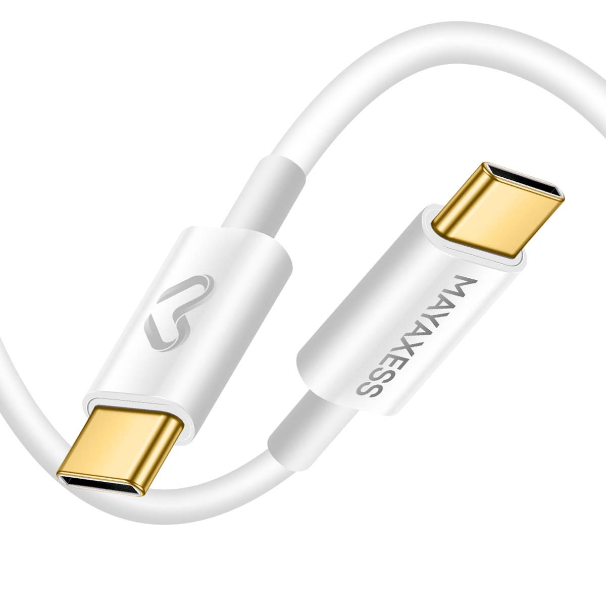 Un câble USB-C blanc avec des connecteurs dorés. Une extrémité porte le logo MAYAXESS. Le câble est courbé.
