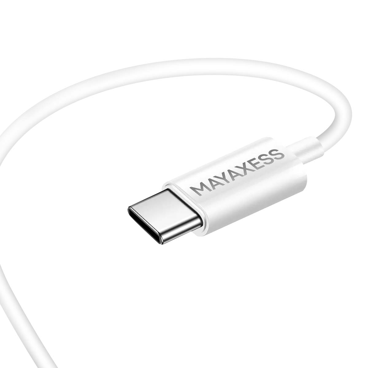 Ein weißes USB-C-Kabel mit einem weißen Stecker. Auf dem Stecker steht das Wort MAYAXESS. Der Hintergrund ist weiß.