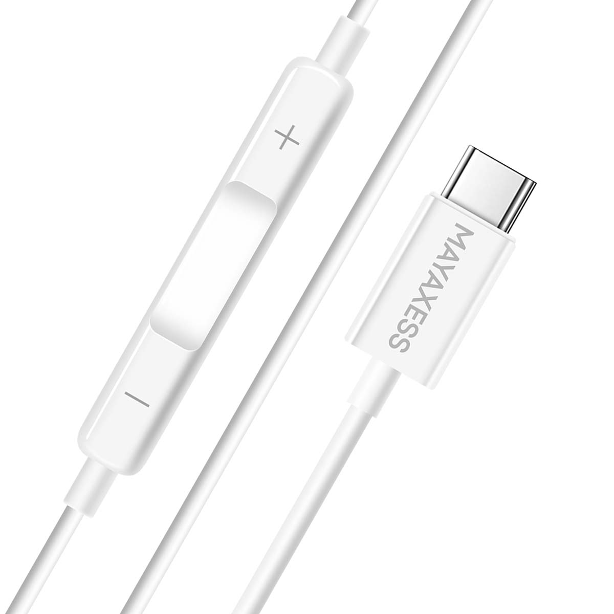Weißes Kabel mit Lautstärkeregler und USB-C-Anschluss. Der Stecker hat den Markennamen MAYAXESS.