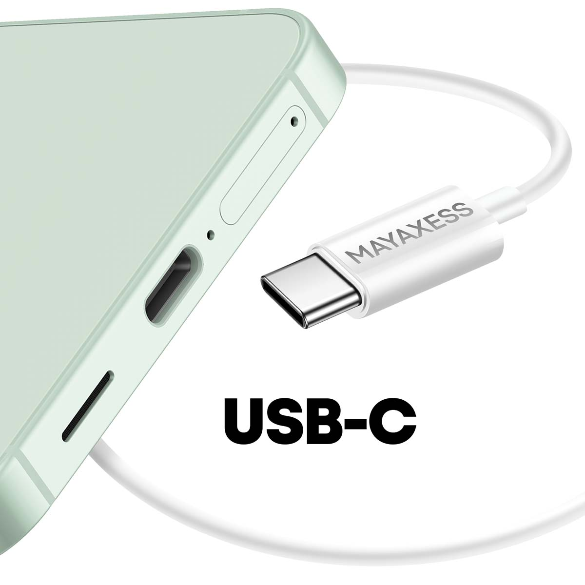 Un téléphone vert menthe se connecte à un câble USB-C blanc. Le texte USB-C est affiché. Le câble est étiqueté MAYAXESS.