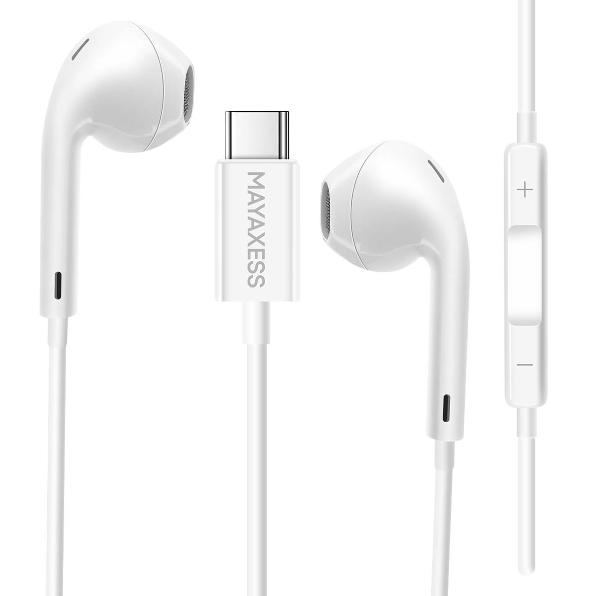 Weiße Ohrhörer mit USB-C-Anschluss. Inklusive Lautstärkeregelung. Marke MAYAXESS auf dem Stecker sichtbar.