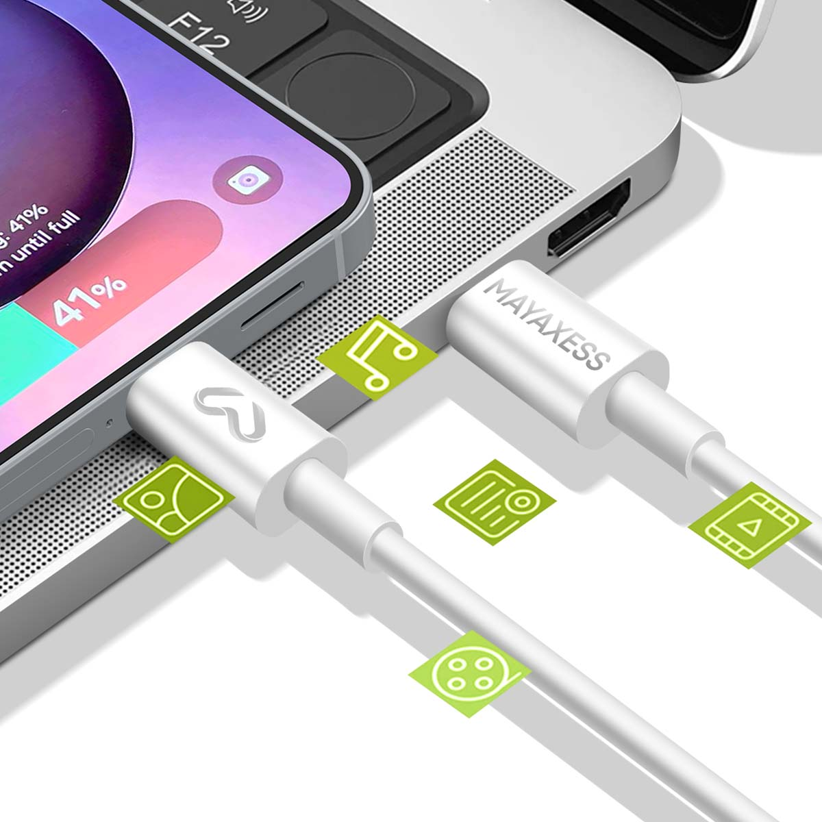 Un téléphone en charge, affichant 41% de batterie. Un câble de charge blanc connecte le téléphone et l'ordinateur portable. Des icônes et 'MAYAXESS' sont visibles.