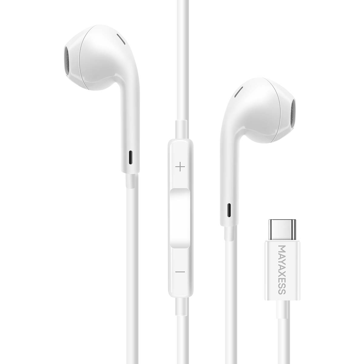 Weiße Kopfhörer mit Steuermodul und USB-C-Anschluss. Die Marke ist MAYAXESS. Der Hintergrund ist schlicht.