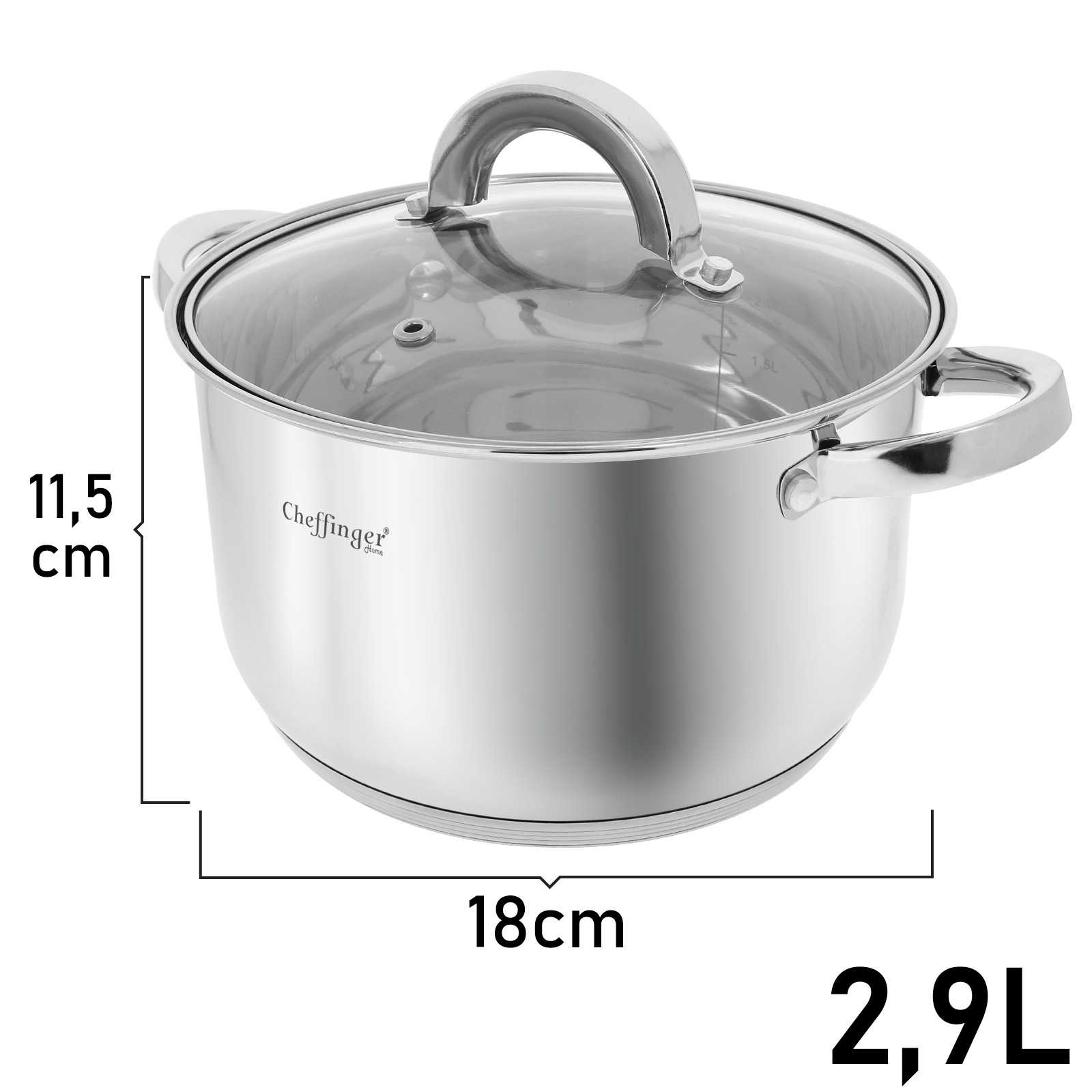 Une casserole en acier inoxydable avec un couvercle en verre. Dimensions : 11,5 cm de haut, 18 cm de large, capacité de 2,9 L. Elle a deux poignées.