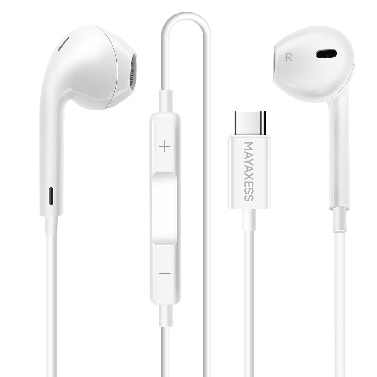 Écouteurs blancs avec un module de commande et un connecteur USB-C. Le connecteur porte la marque MAYAXESS.