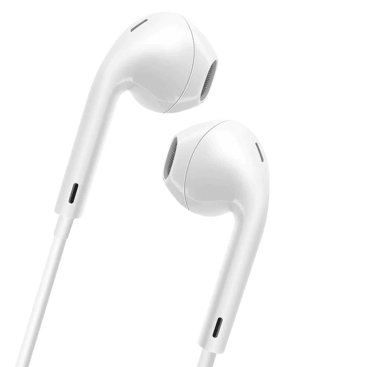 Deux écouteurs blancs, l'un incliné vers le spectateur. Ils ont un design élégant et sont sur fond blanc.