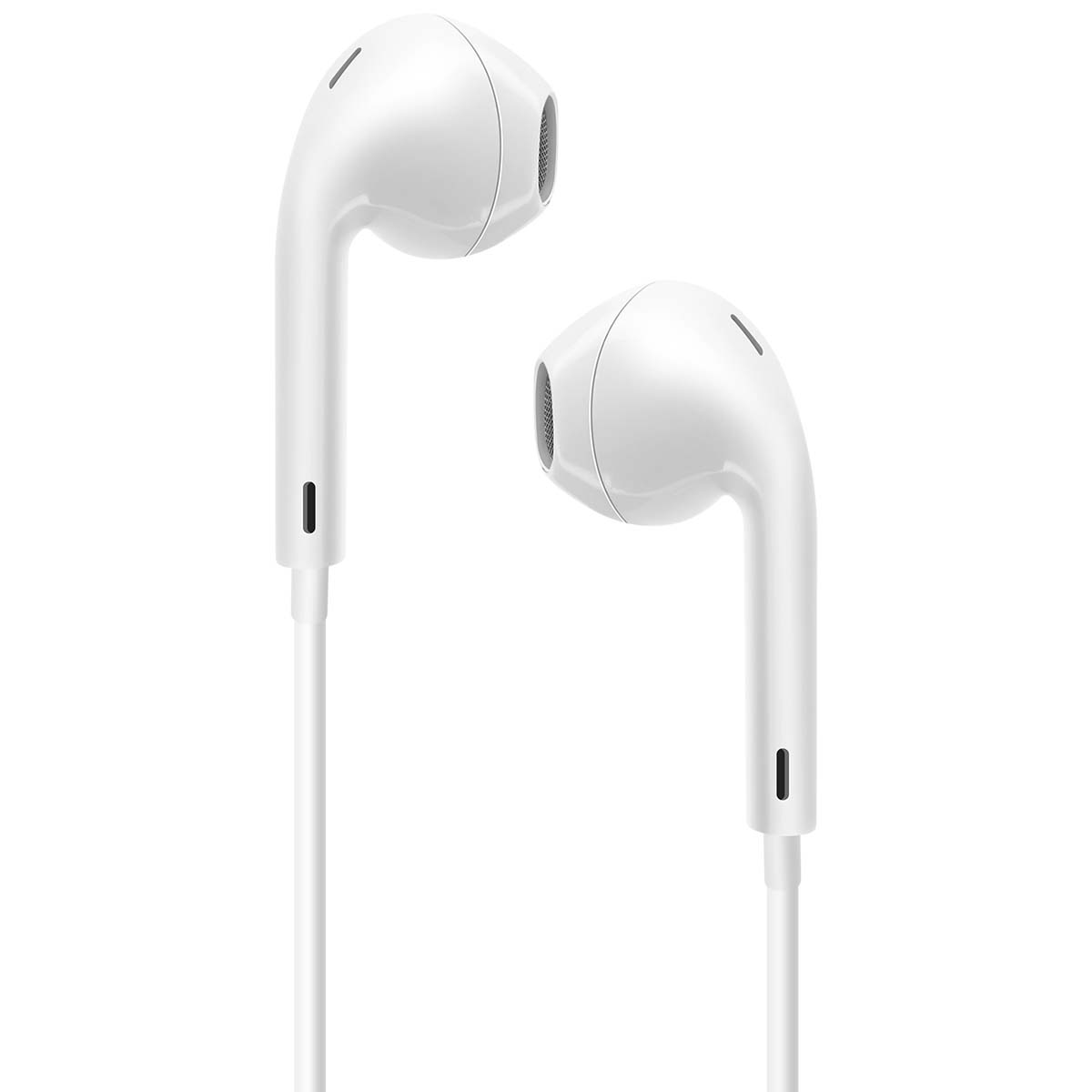Deux écouteurs intra-auriculaires blancs sur fond blanc. Chacun a un haut-parleur et un fil. L'un est incliné vers le haut, l'autre vers le bas.
