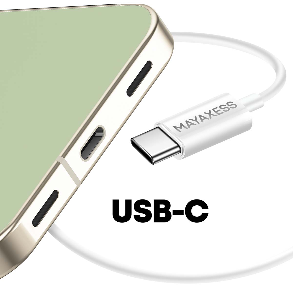 Une coque de téléphone et un câble USB-C. La coque est vert clair avec un cadre doré. Le câble est blanc avec "MAYAXESS".