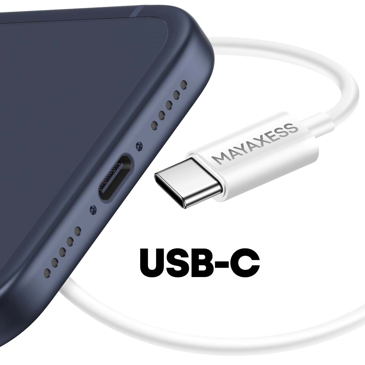 Un téléphone bleu foncé à côté d'un câble USB-C blanc avec le logo 'MAYAXESS' et le texte 'USB-C'.